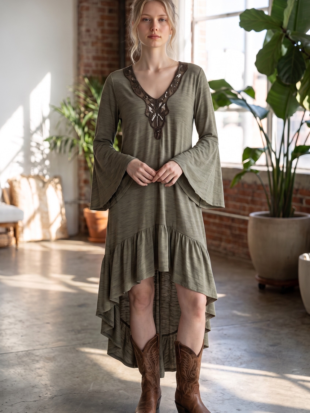 Rodeo Fox Olive High-Low V-Neck Bell Sleeve Dress